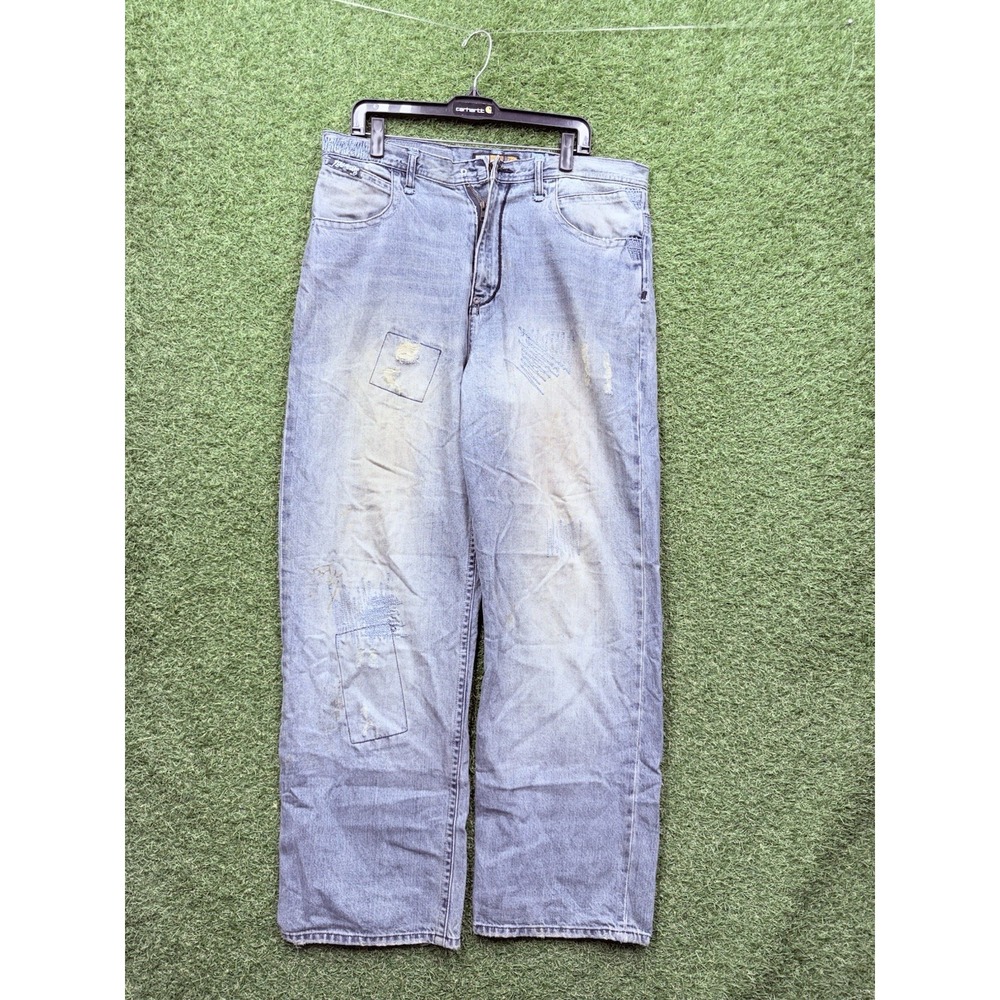Vintage Y2K Akademiks Jeans Mens 36x32 Blue Patchwork Baggy Wide Leg Hip Hop